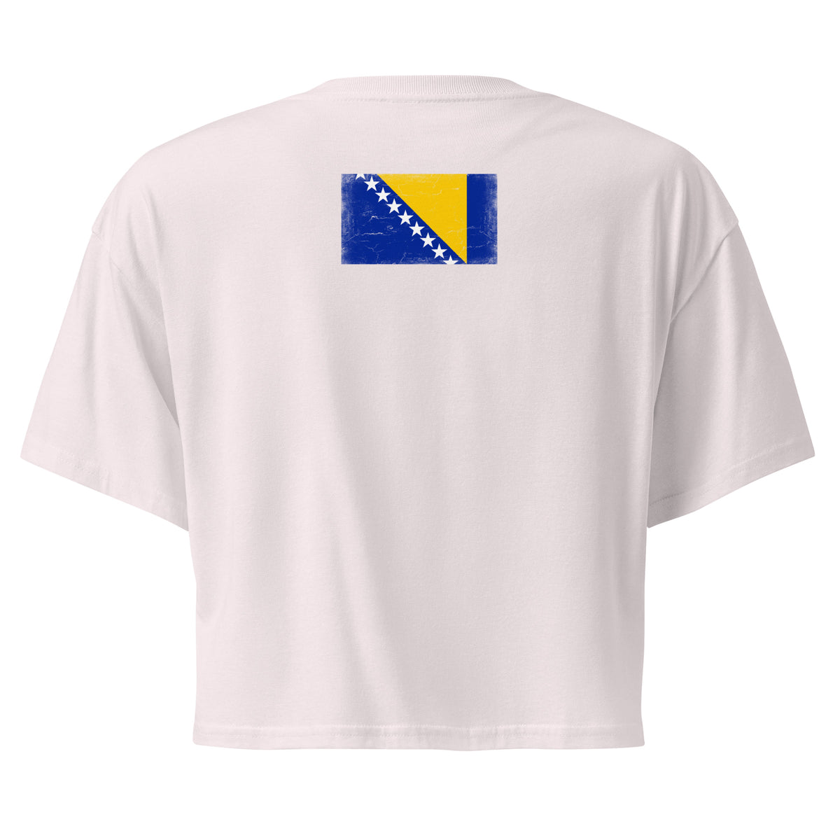 Bosnia and Herzegovina flag crop top in Orchid, vintage-washed print, flag across the upper back, women cut, back view