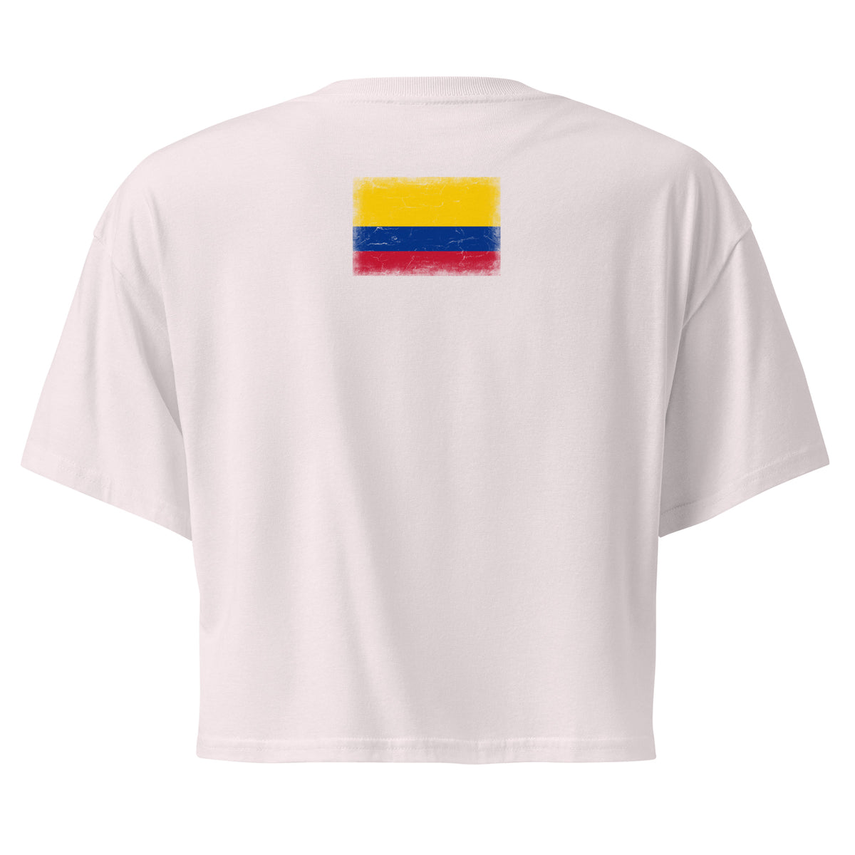 Colombia flag crop top in Orchid, vintage-washed print, flag across the upper back, women cut, back view