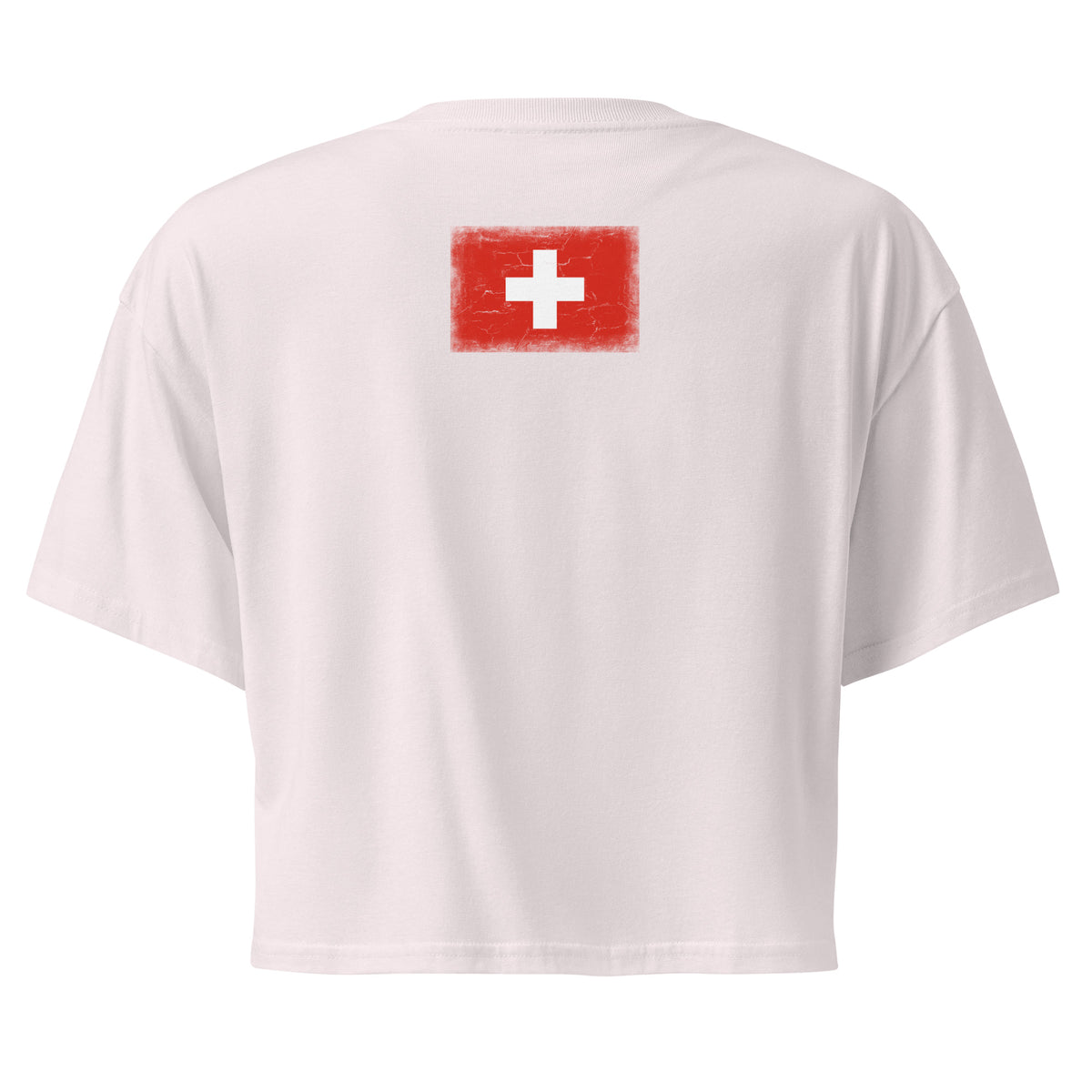 Switzerland flag crop top in Orchid, vintage-washed print, flag across the upper back, women cut, back view
