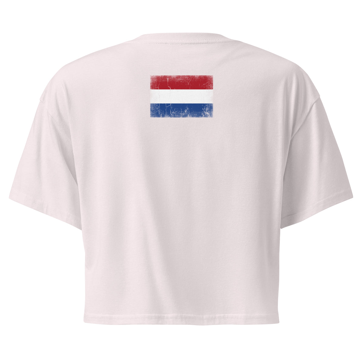 Netherlands flag crop top in Orchid, vintage-washed print, flag across the upper back, women cut, back view
