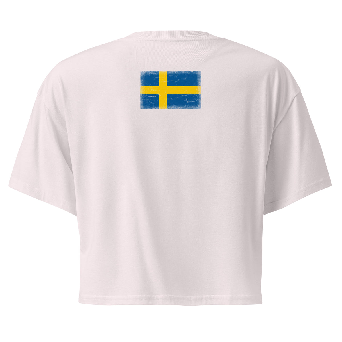 Sweden flag crop top in Orchid, vintage-washed print, flag across the upper back, women cut, back view