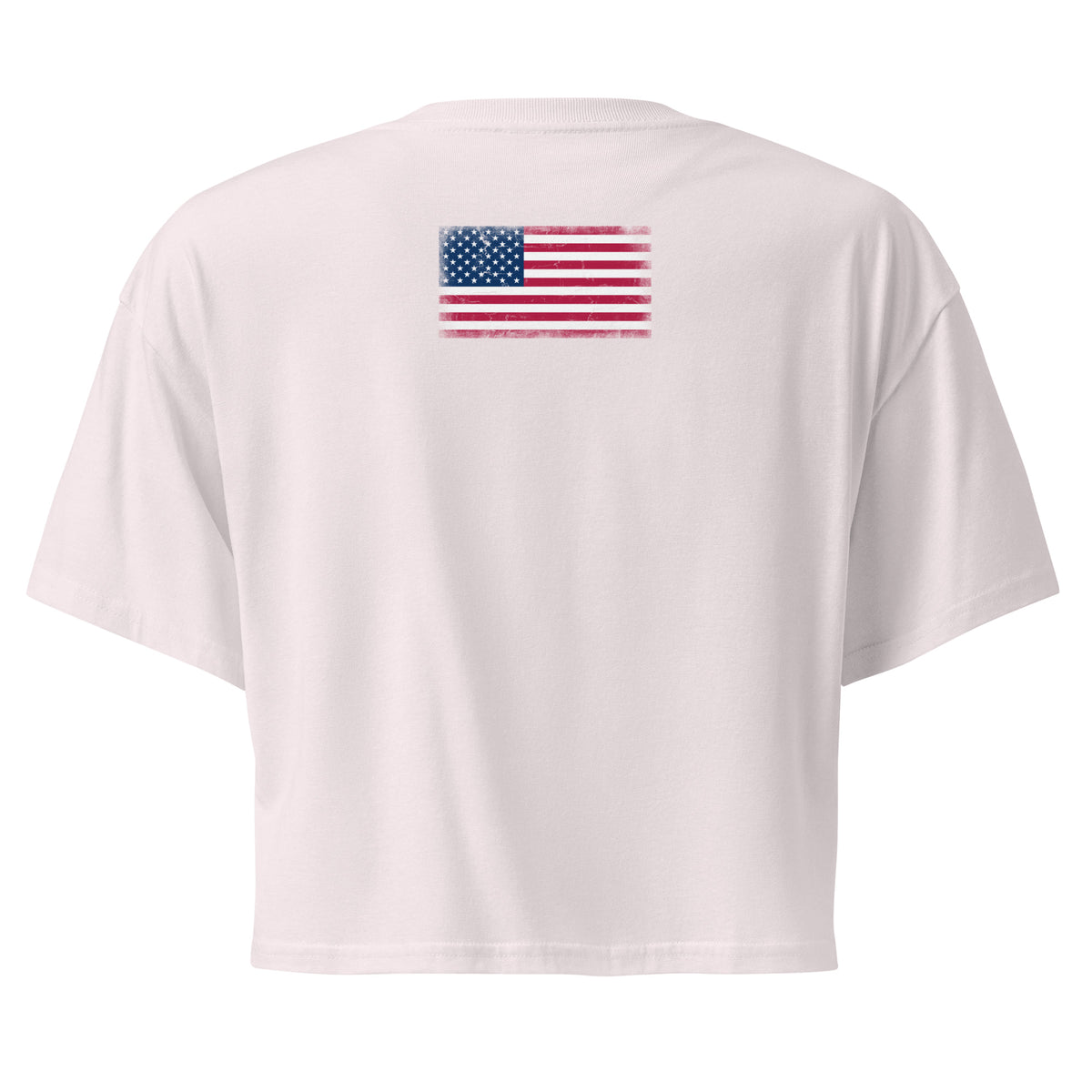 USA flag crop top in Orchid, vintage-washed print, flag across the upper back, women cut, back view