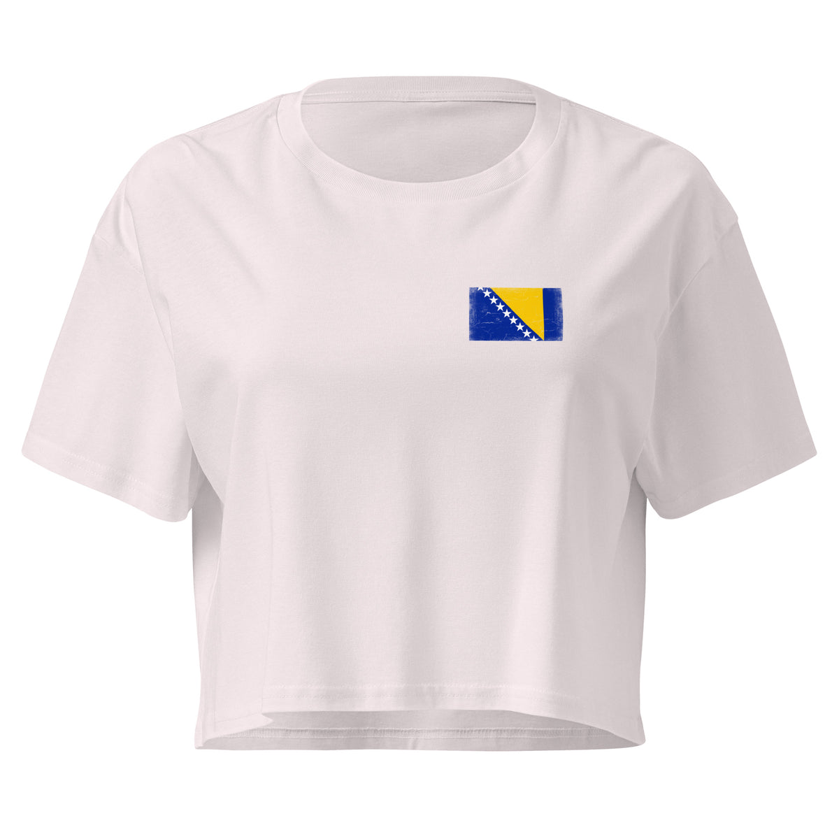 Bosnia and Herzegovina flag crop top in Orchid, vintage-washed print, small flag on the left chest, women cut, front view