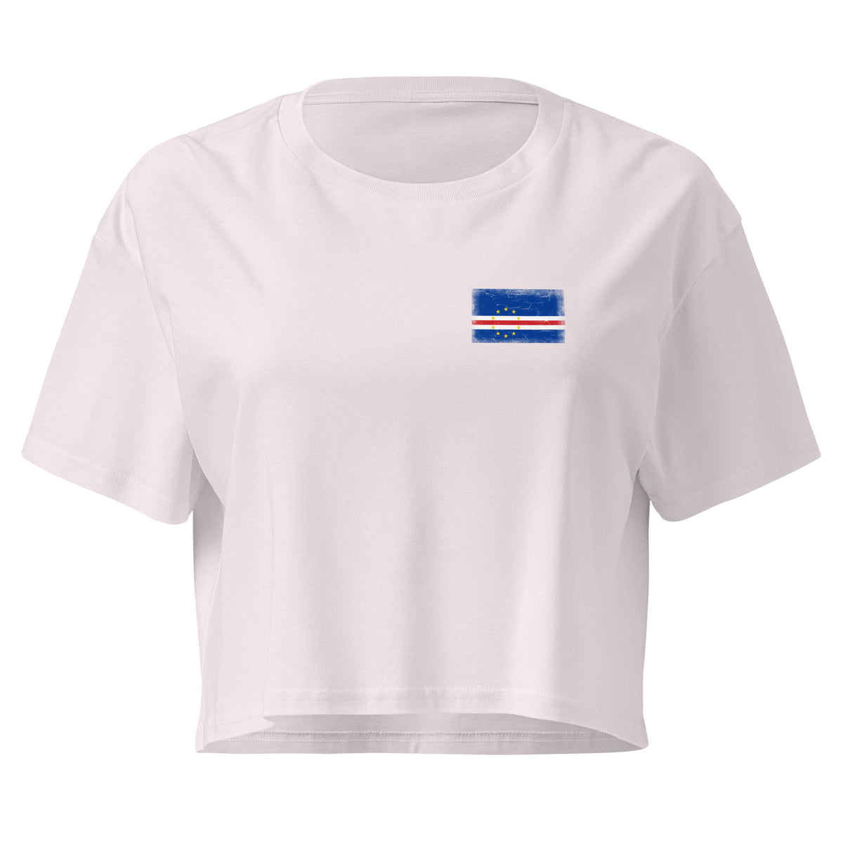 Cape Verde flag crop top in Orchid, vintage-washed print, small flag on the left chest, women cut, front view