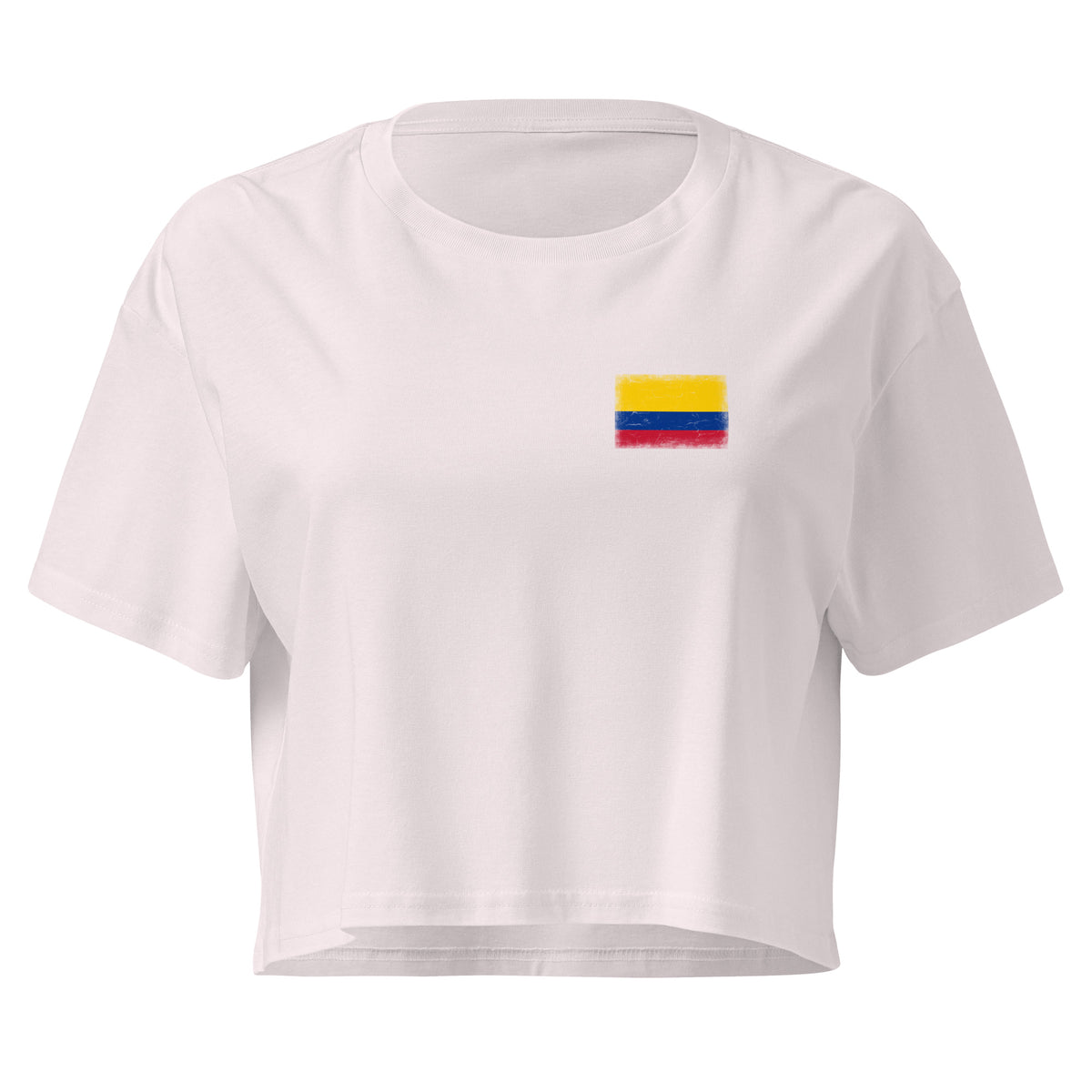 Colombia flag crop top in Orchid, vintage-washed print, small flag on the left chest, women cut, front view