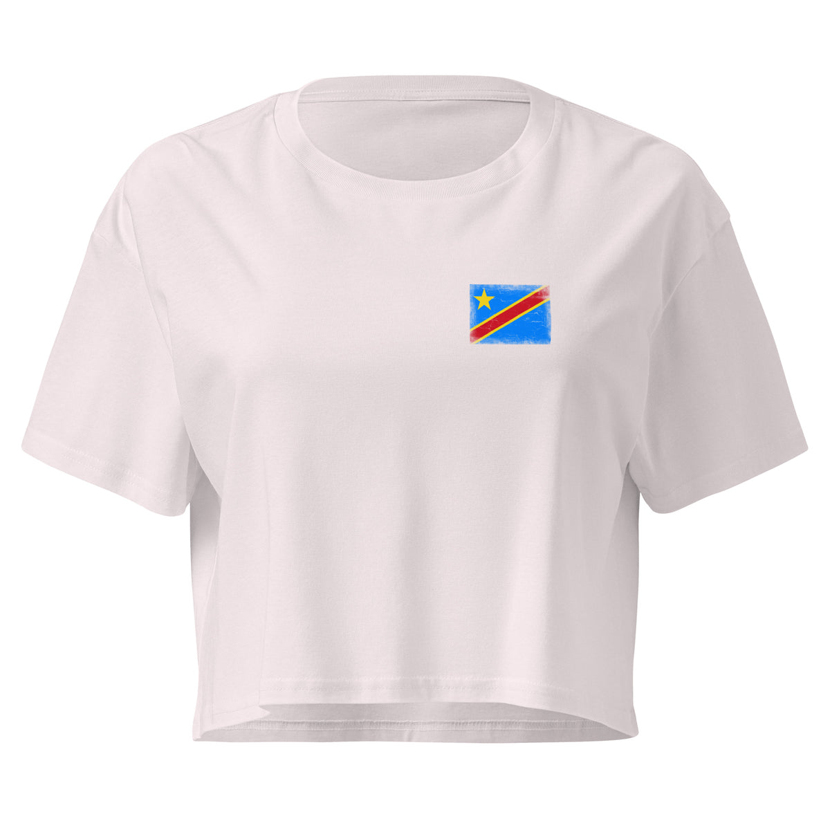 Congo flag crop top in Orchid, vintage-washed print, small flag on the left chest, women cut, front view