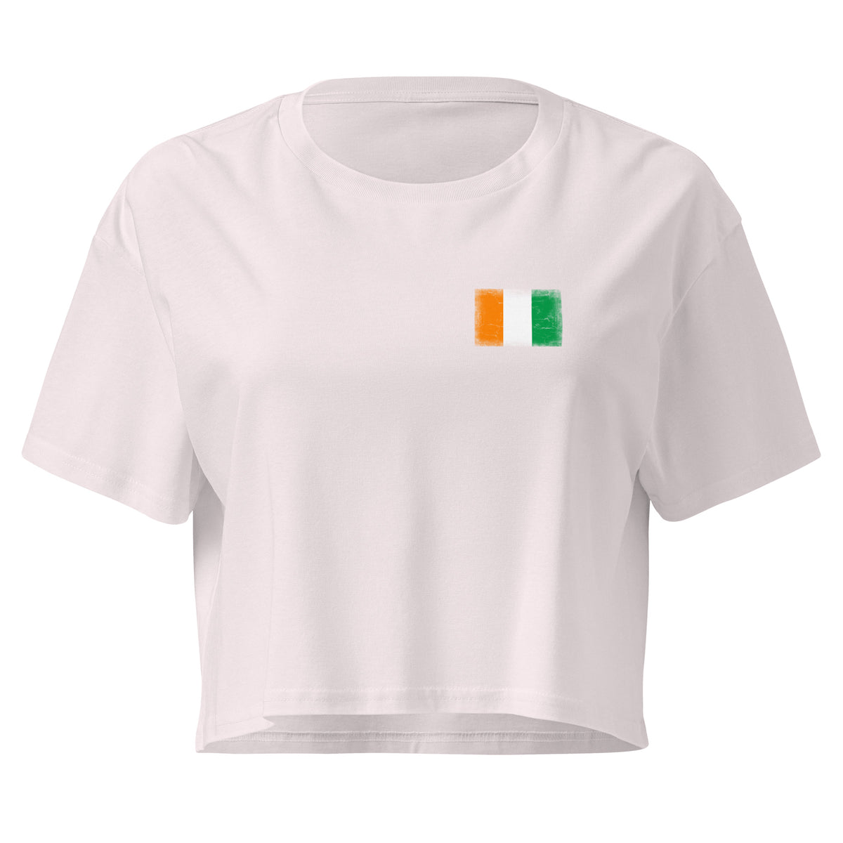 Côte d'Ivoire flag crop top in Orchid, vintage-washed print, small flag on the left chest, women cut, front view