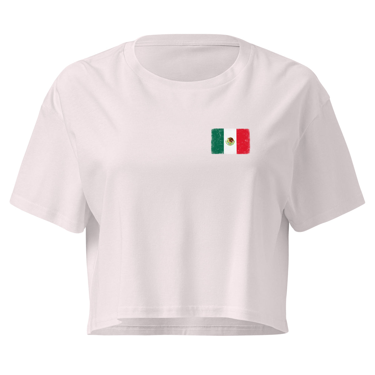 Mexico flag crop top in Orchid, vintage-washed print, small flag on the left chest, women cut, front view