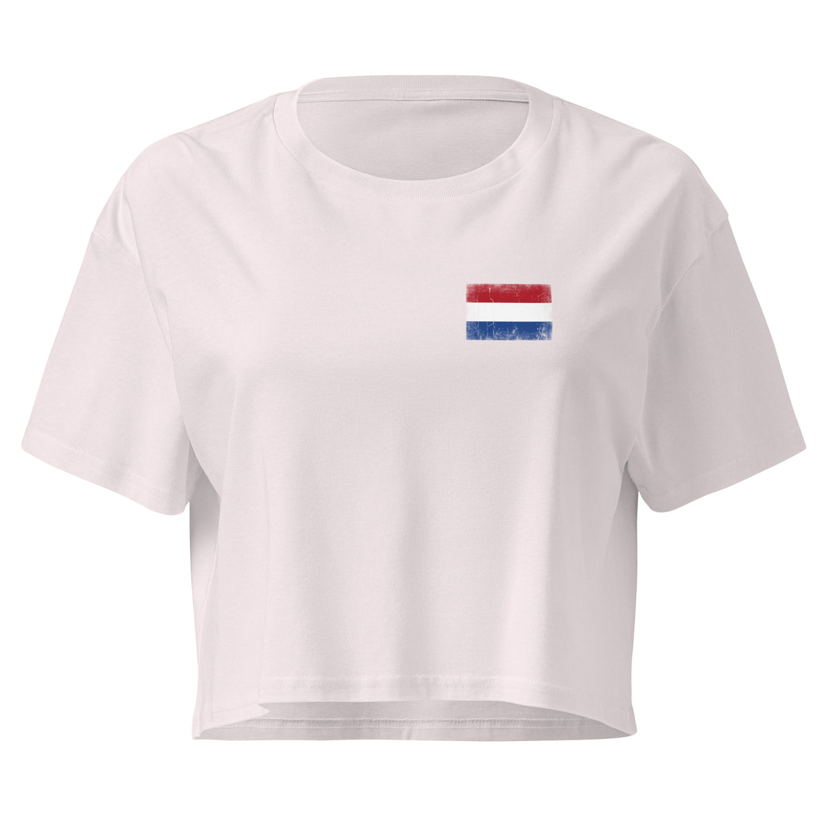 Netherlands flag crop top in Orchid, vintage-washed print, small flag on the left chest, women cut, front view