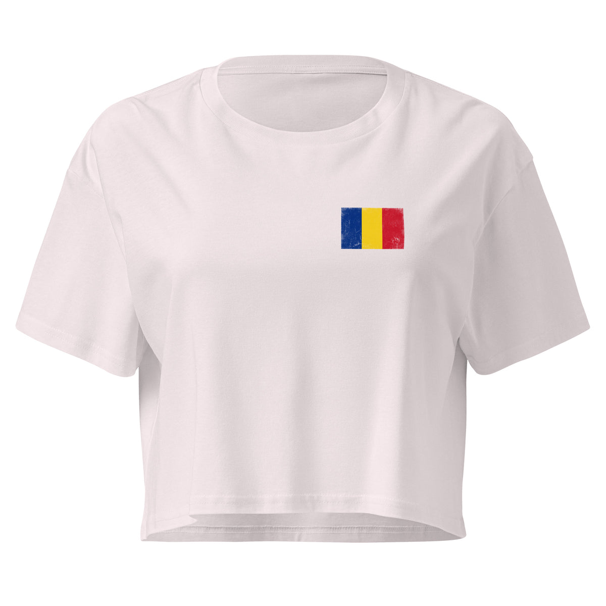 Romania flag crop top in Orchid, vintage-washed print, small flag on the left chest, women cut, front view