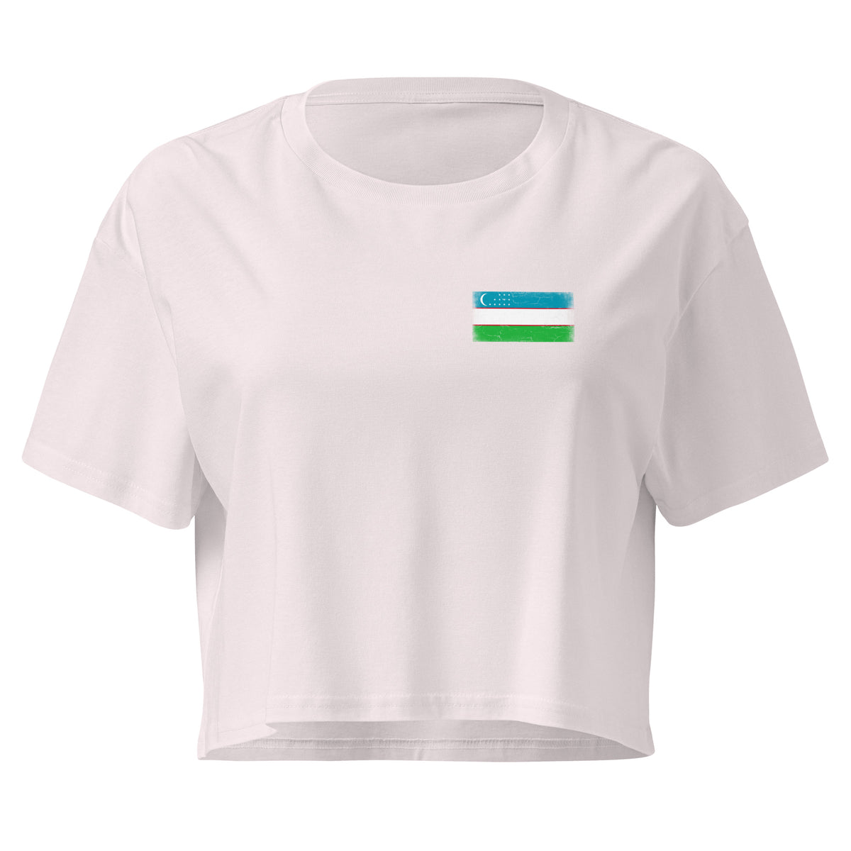 Uzbekistan flag crop top in Orchid, vintage-washed print, small flag on the left chest, women cut, front view