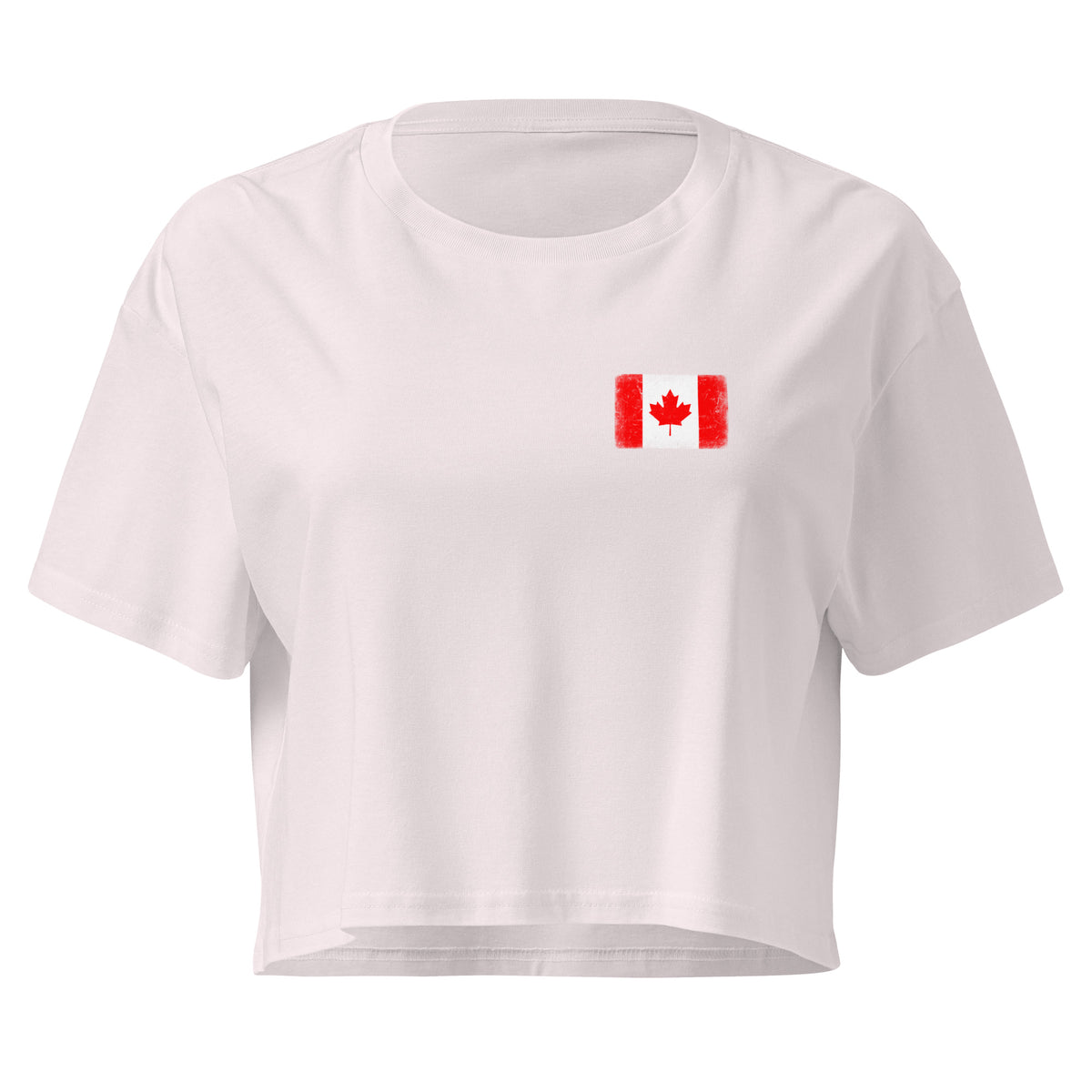 Canada flag crop top in Orchid, vintage-washed print, small flag on the left chest, women cut, front view
