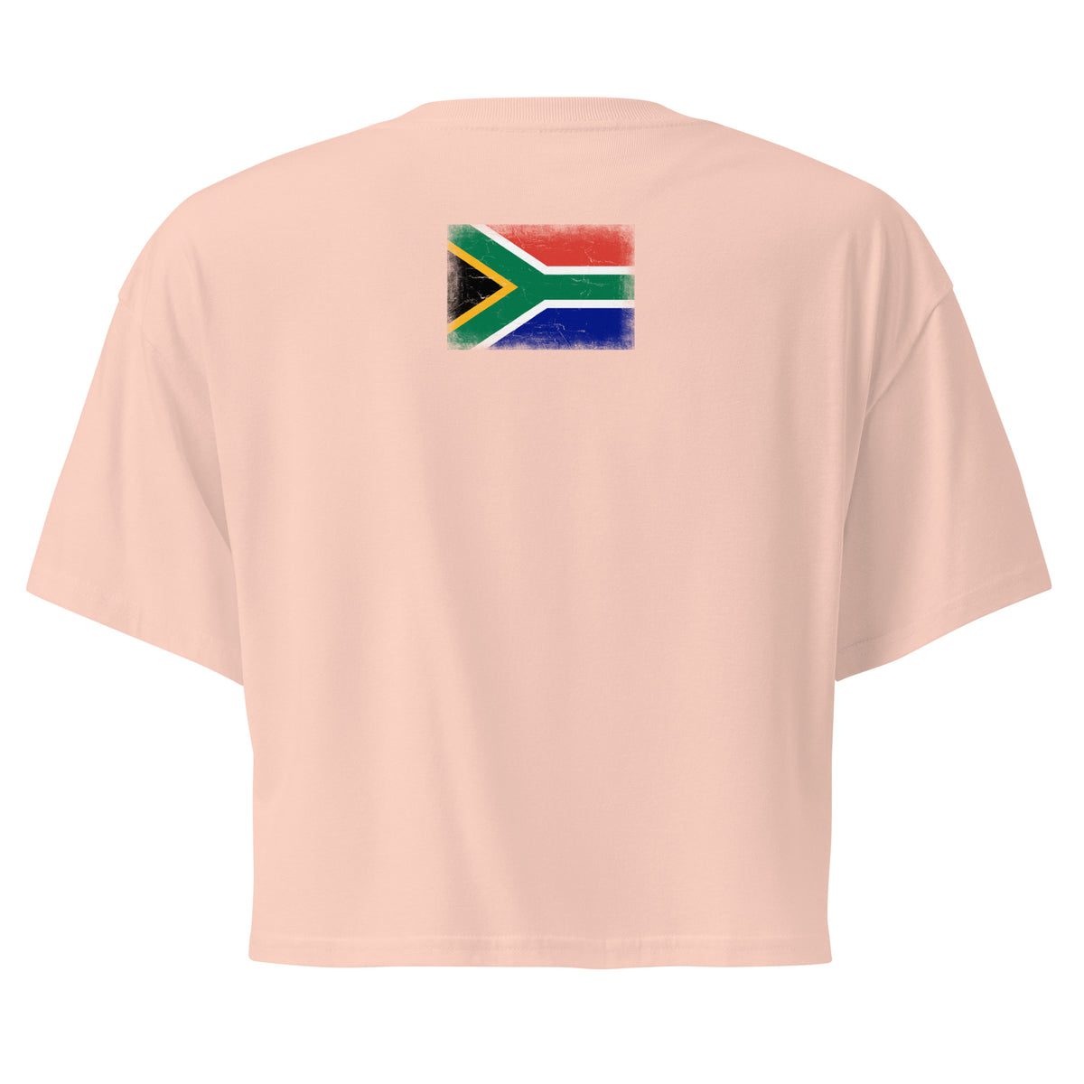 South Africa flag crop top in Pale Pink, vintage-washed print, flag across the upper back, women cut, back view