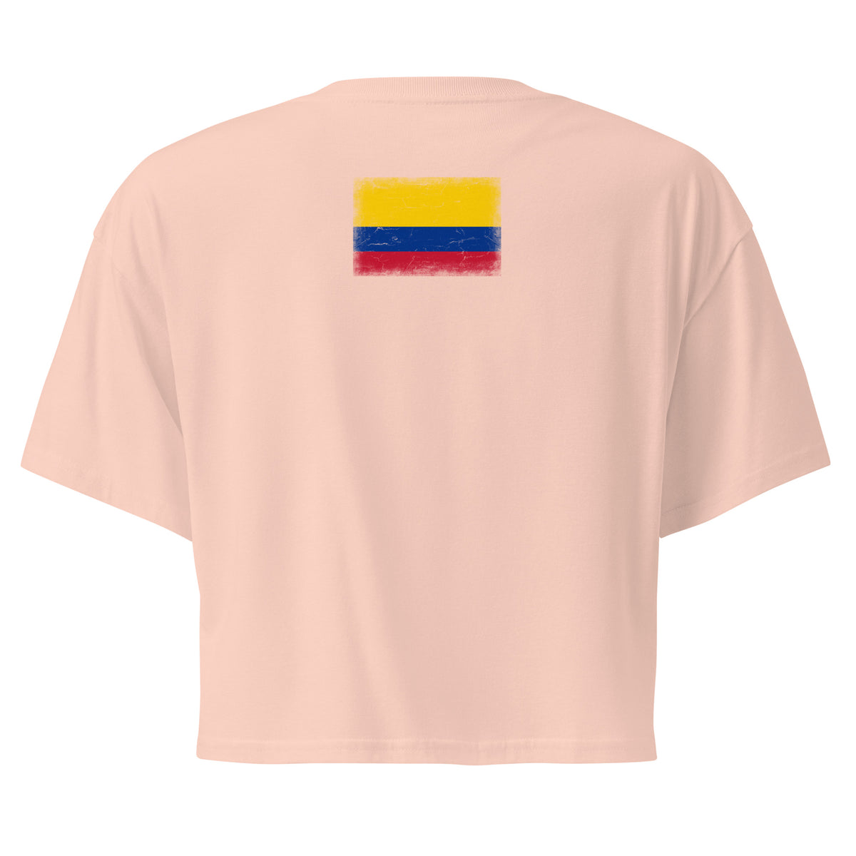 Colombia flag crop top in Pale Pink, vintage-washed print, flag across the upper back, women cut, back view