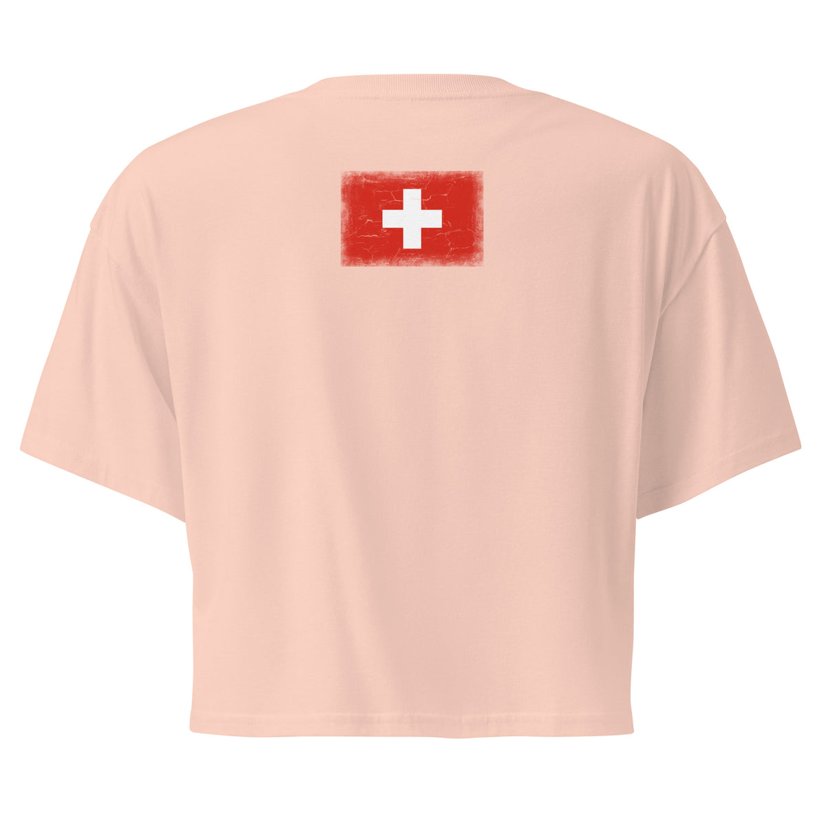 Switzerland flag crop top in Pale Pink, vintage-washed print, flag across the upper back, women cut, back view