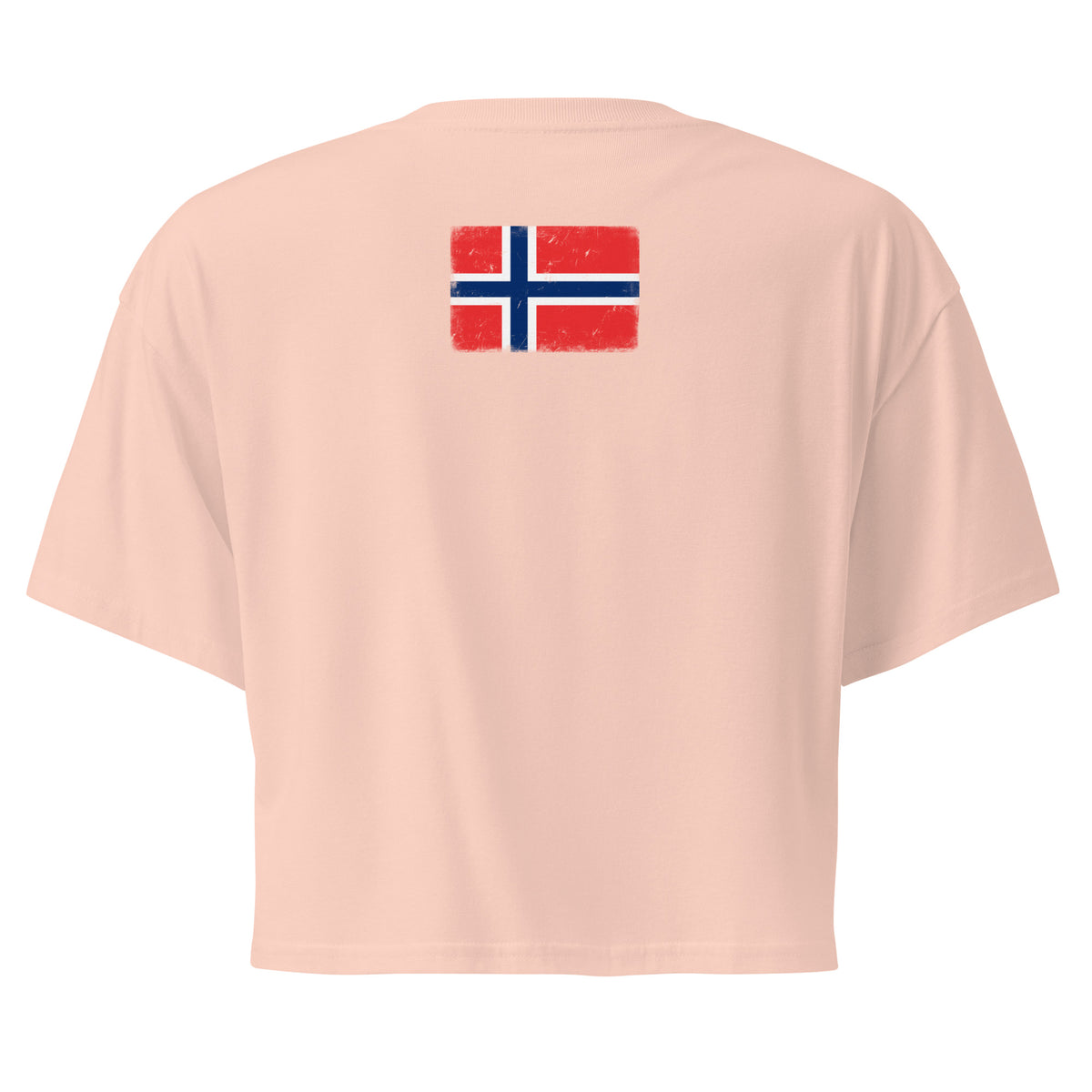 Norway flag crop top in Pale Pink, vintage-washed print, flag across the upper back, women cut, back view