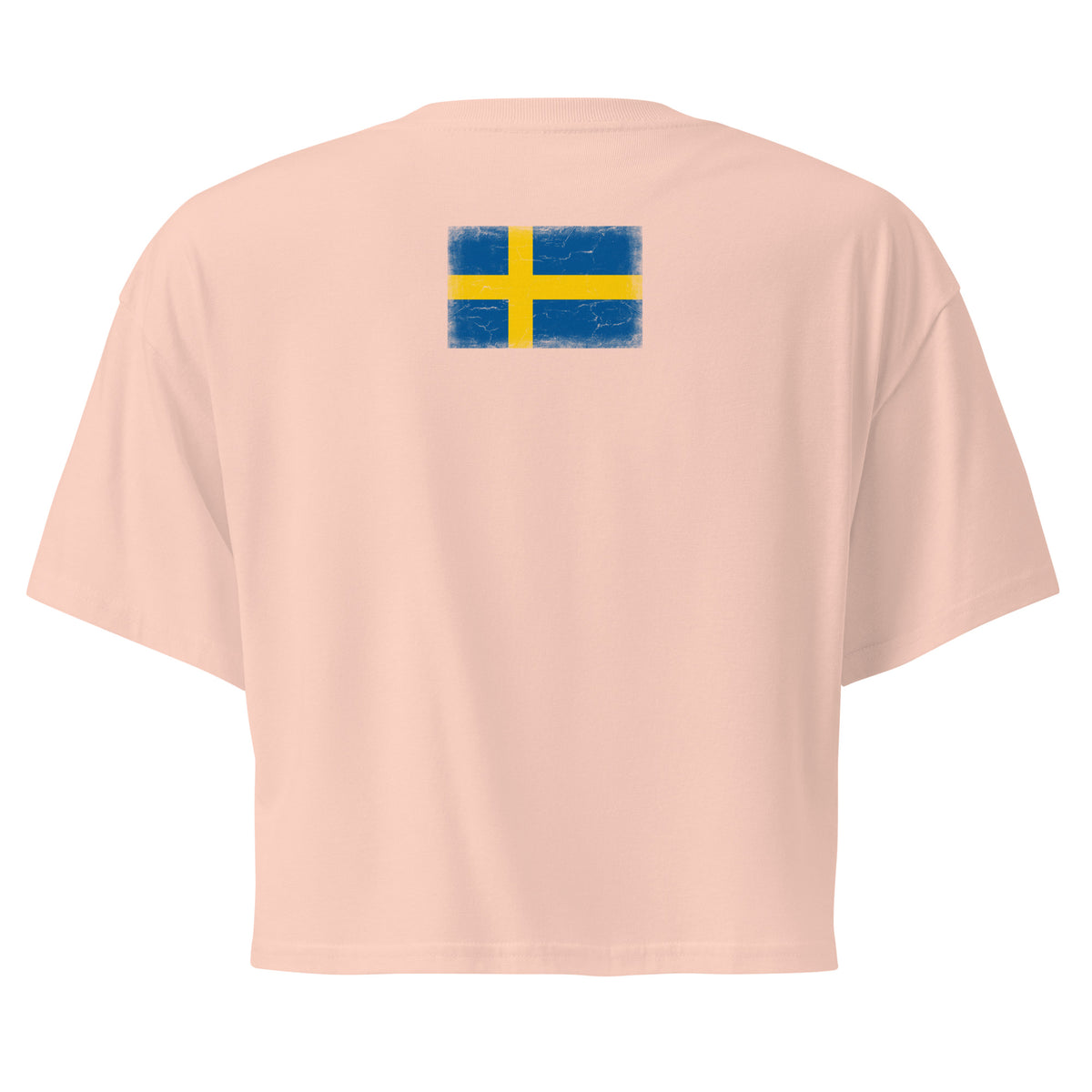 Sweden flag crop top in Pale Pink, vintage-washed print, flag across the upper back, women cut, back view