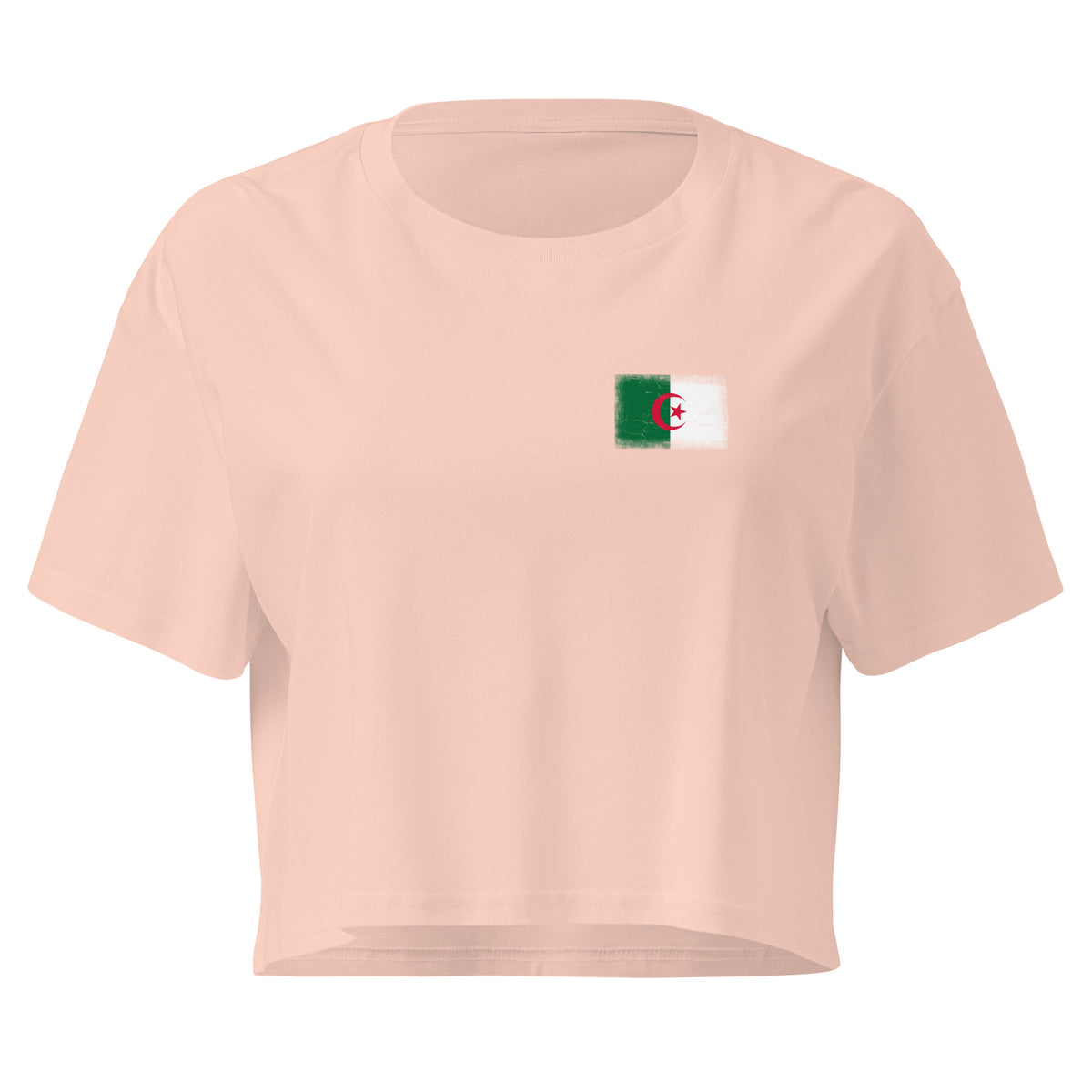 Algeria flag crop top in Pale Pink, vintage-washed print, small flag on the left chest, women cut, front view