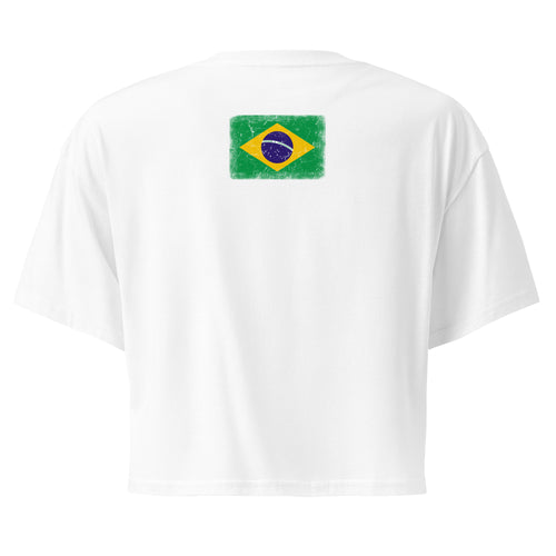 Brasil flag crop top in White, vintage-washed print, flag across the upper back, women cut, back view