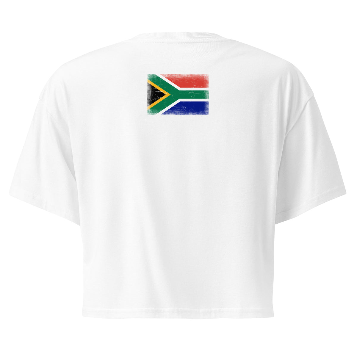 South Africa flag crop top in White, vintage-washed print, flag across the upper back, women cut, back view