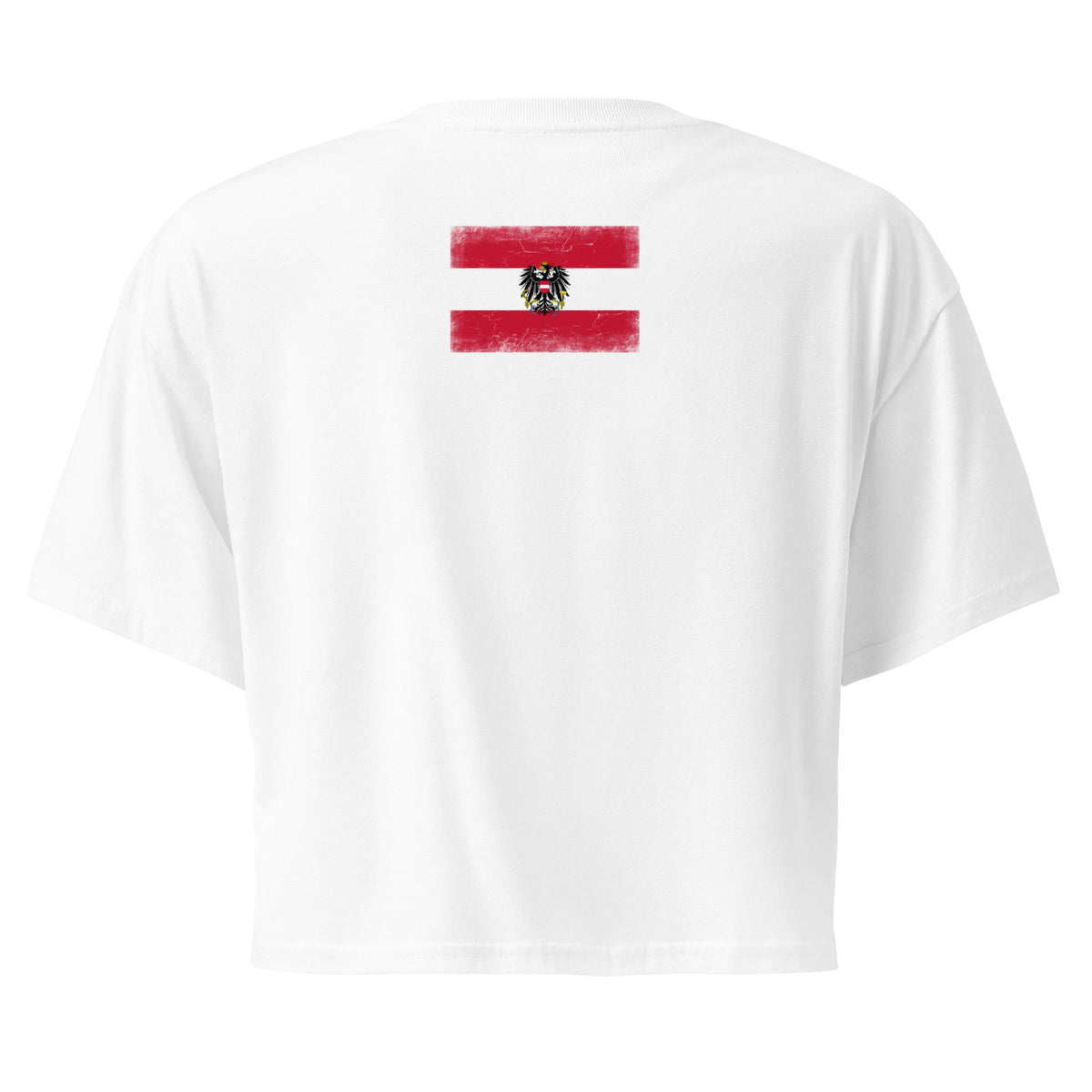 Austria flag crop top in White, vintage-washed print, flag across the upper back, women cut, back view