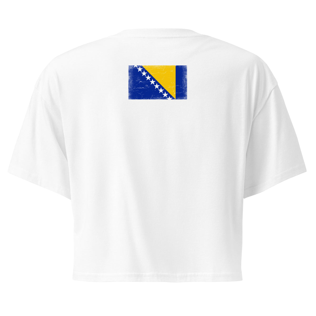 Bosnia and Herzegovina flag crop top in White, vintage-washed print, flag across the upper back, women cut, back view