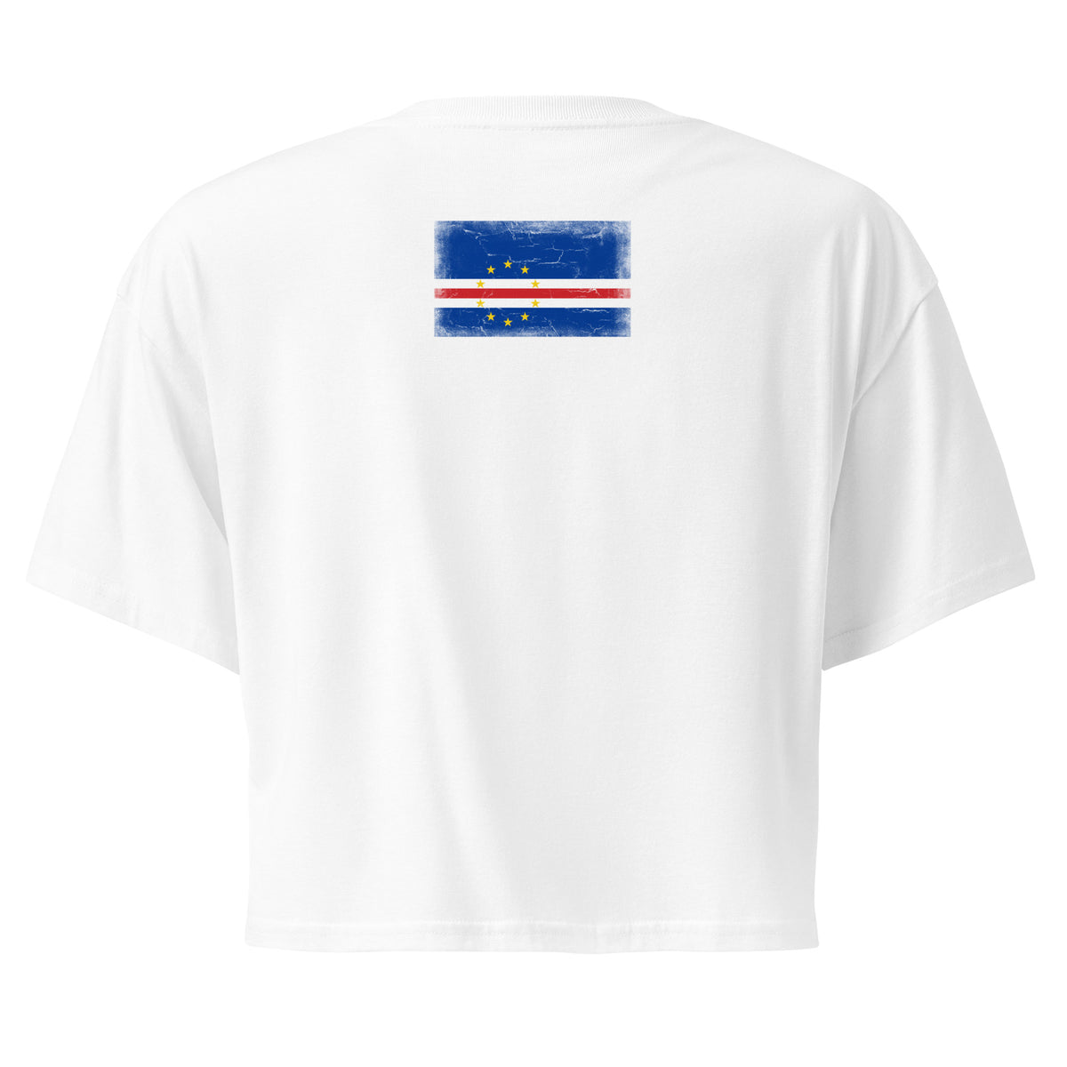 Cape Verde flag crop top in White, vintage-washed print, flag across the upper back, women cut, back view