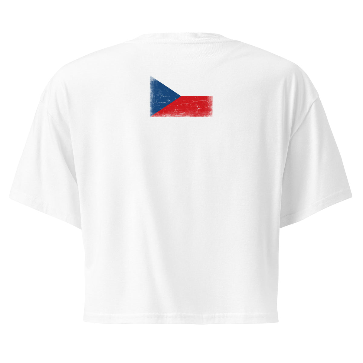 Czechia flag crop top in White, vintage-washed print, flag across the upper back, women cut, back view