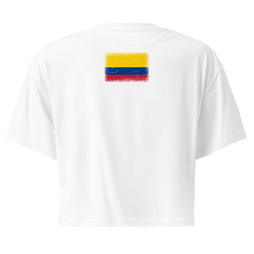 Colombia flag crop top in White, vintage-washed print, flag across the upper back, women cut, back view