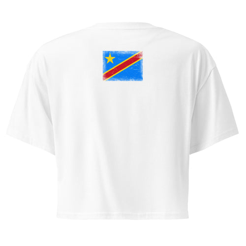 Congo flag crop top in White, vintage-washed print, flag across the upper back, women cut, back view
