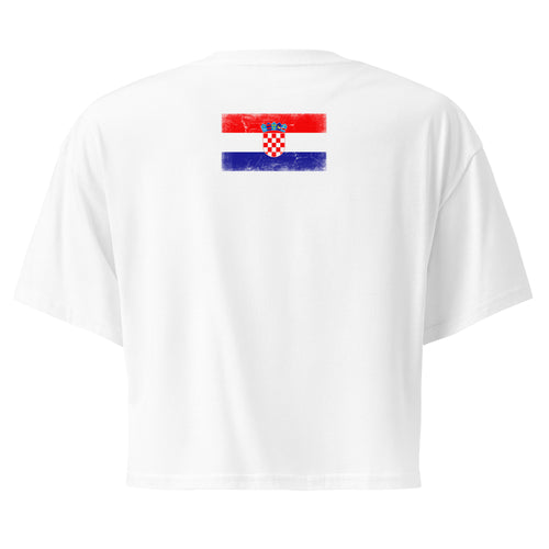Croatia flag crop top in White, vintage-washed print, flag across the upper back, women cut, back view