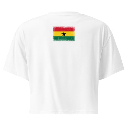 Ghana flag crop top in White, vintage-washed print, flag across the upper back, women cut, back view