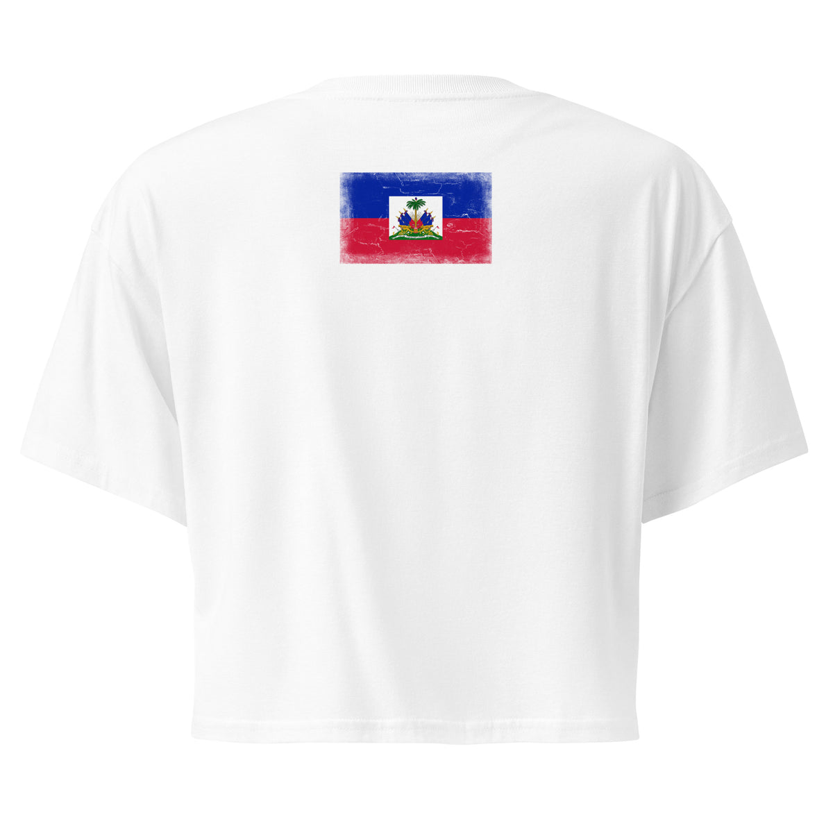 Haiti flag crop top in White, vintage-washed print, flag across the upper back, women cut, back view