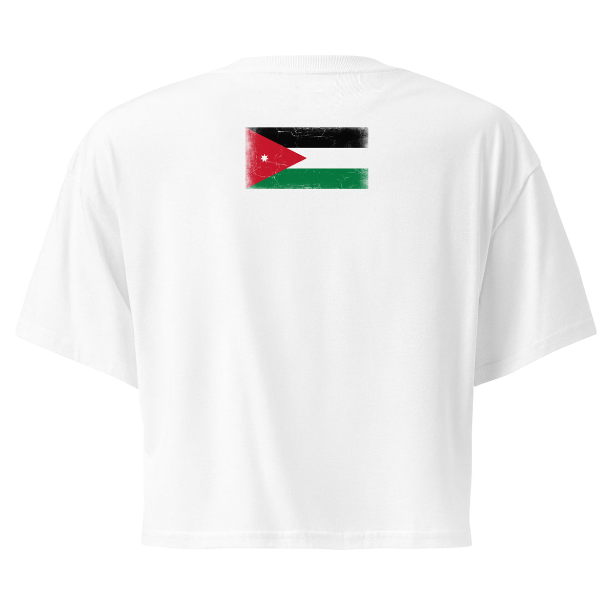 Jordan flag crop top in White, vintage-washed print, flag across the upper back, women cut, back view