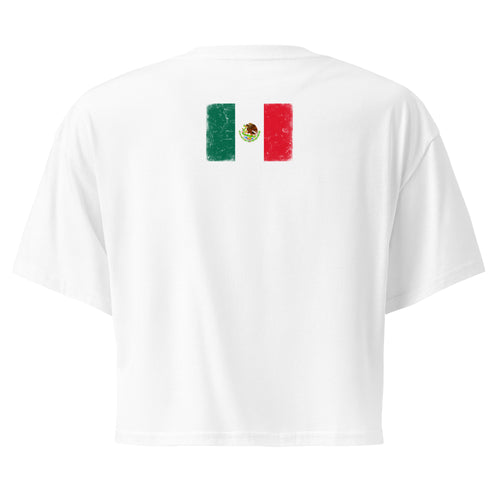 Mexico flag crop top in White, vintage-washed print, flag across the upper back, women cut, back view