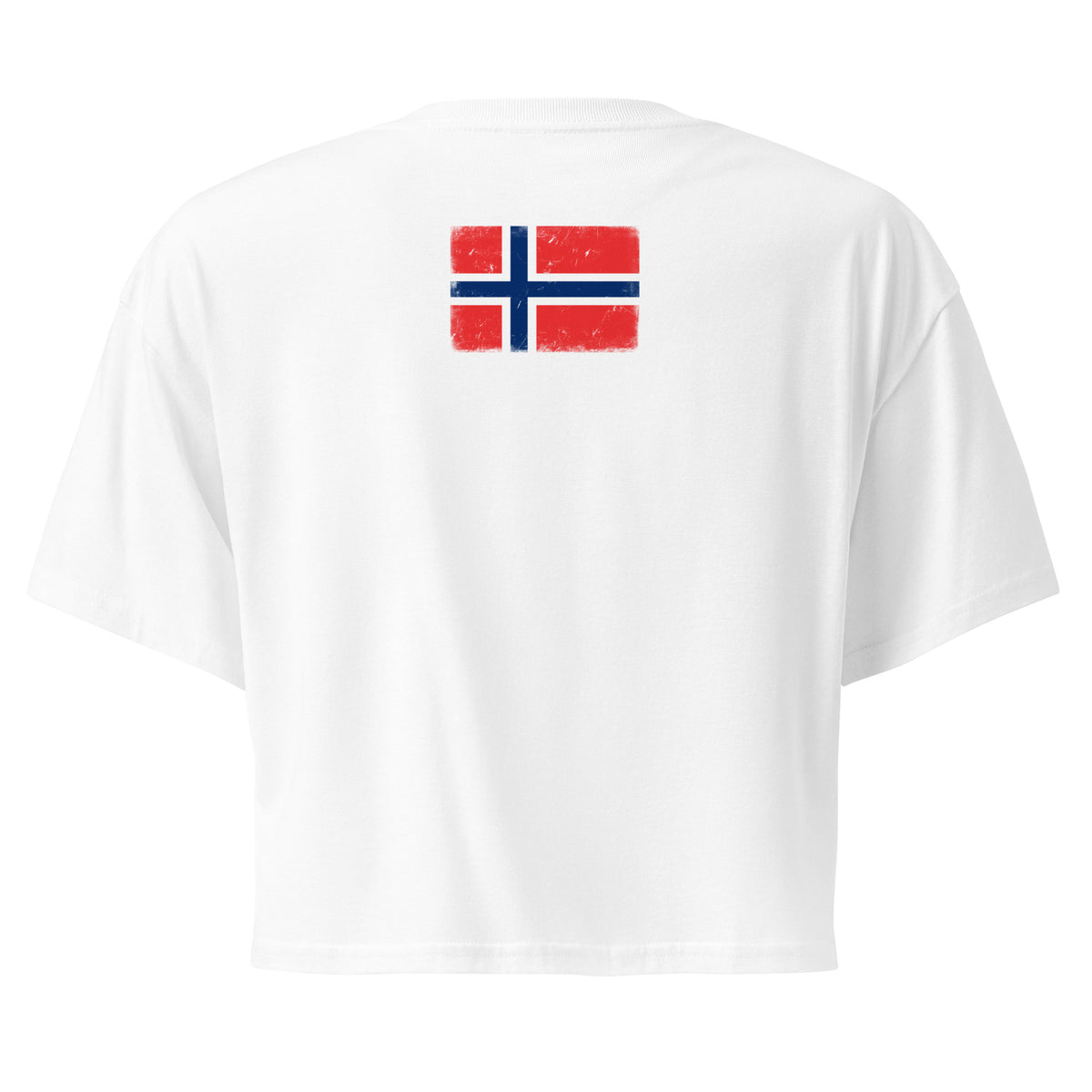 Norway flag crop top in White, vintage-washed print, flag across the upper back, women cut, back view