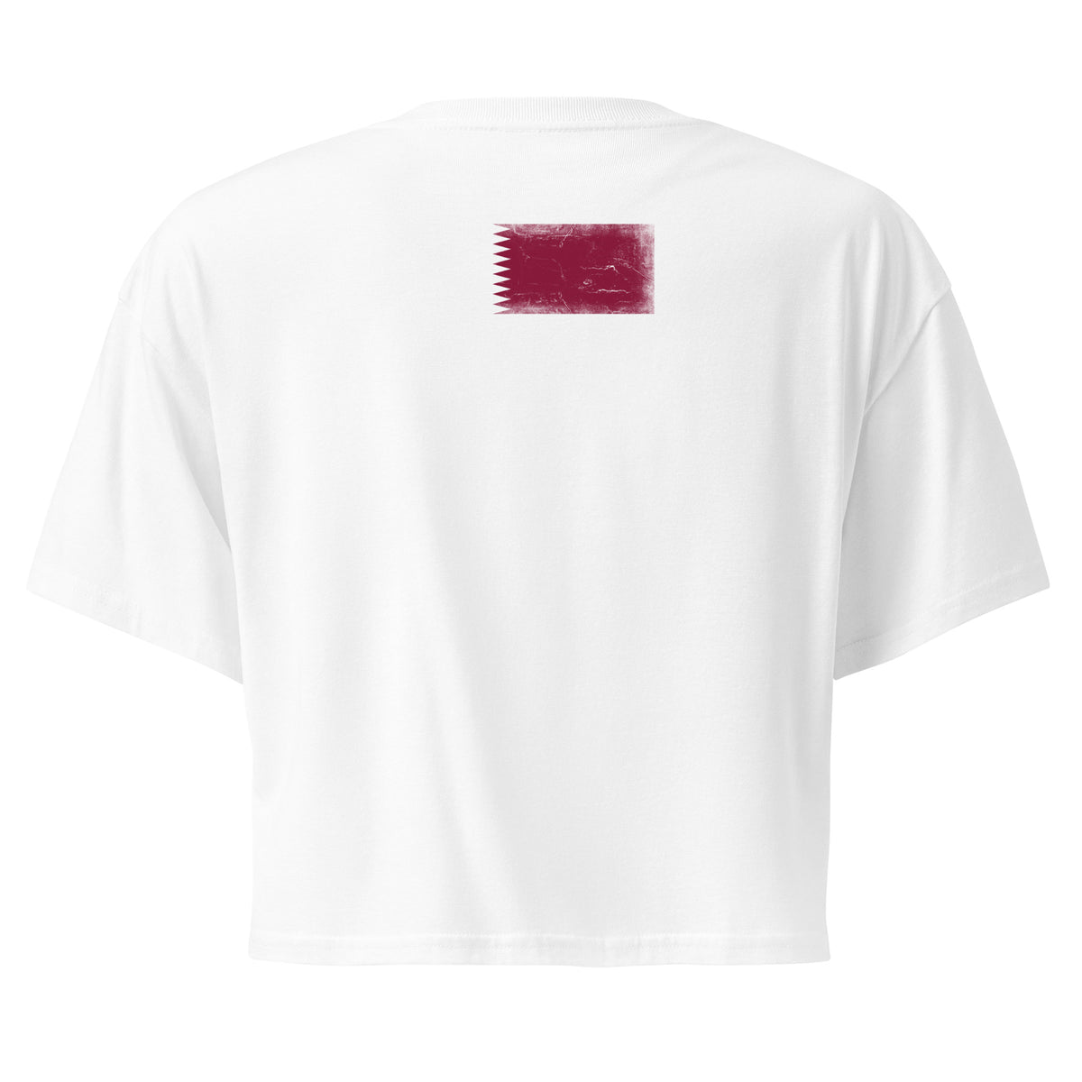Qatar flag crop top in White, vintage-washed print, flag across the upper back, women cut, back view