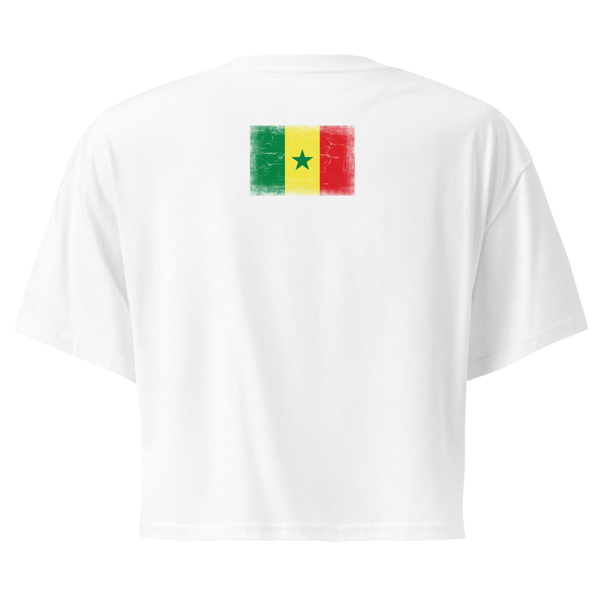Senegal flag crop top in White, vintage-washed print, flag across the upper back, women cut, back view