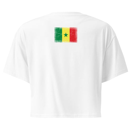 Senegal flag crop top in White, vintage-washed print, flag across the upper back, women cut, back view