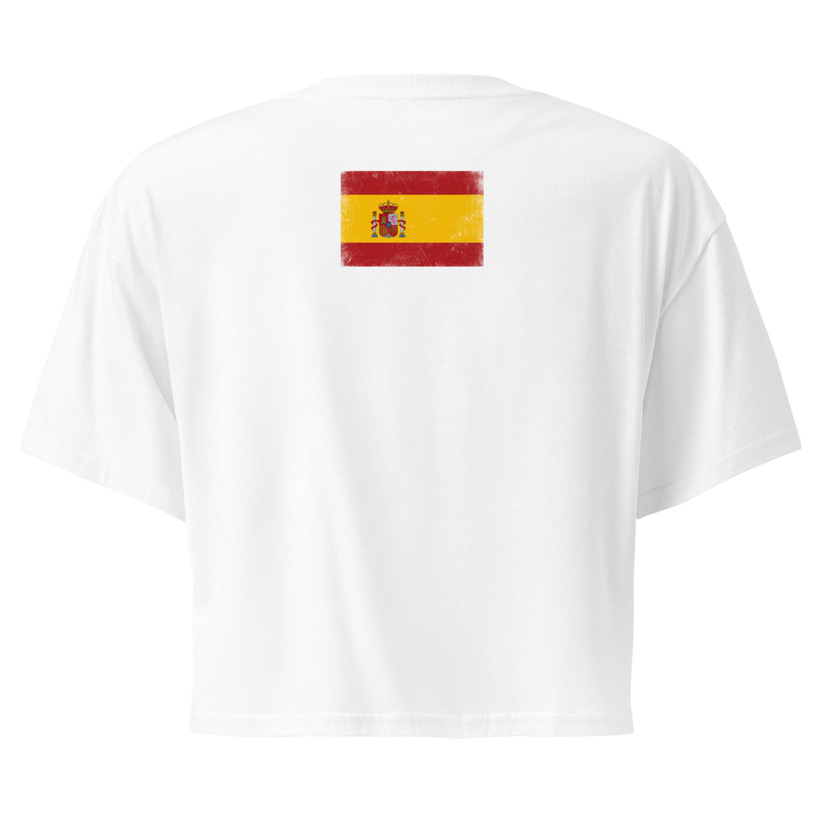 Spain flag crop top in White, vintage-washed print, flag across the upper back, women cut, back view