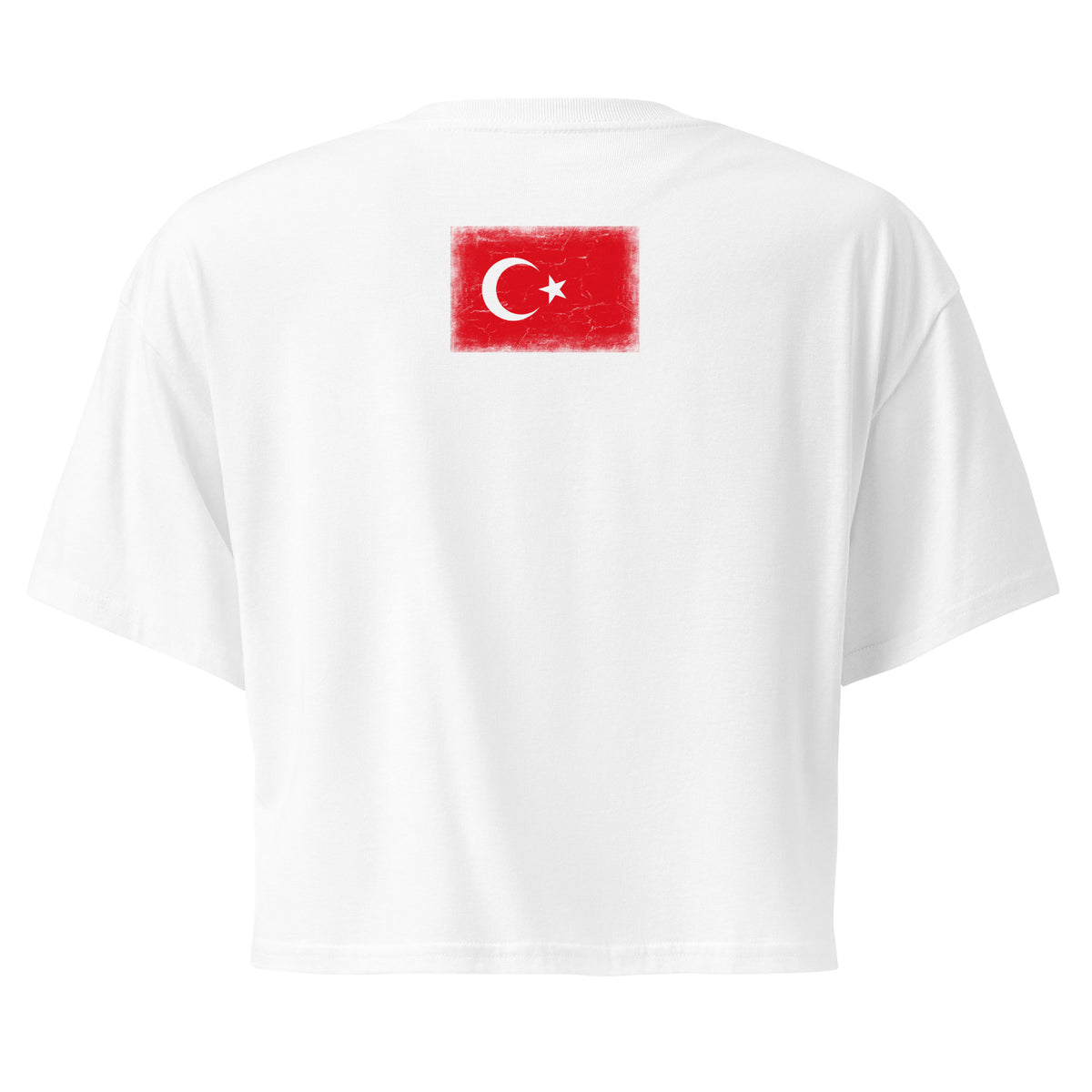 Turkey flag crop top in White, vintage-washed print, flag across the upper back, women cut, back view