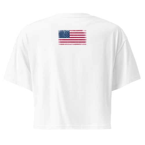 USA flag crop top in White, vintage-washed print, flag across the upper back, women cut, back view