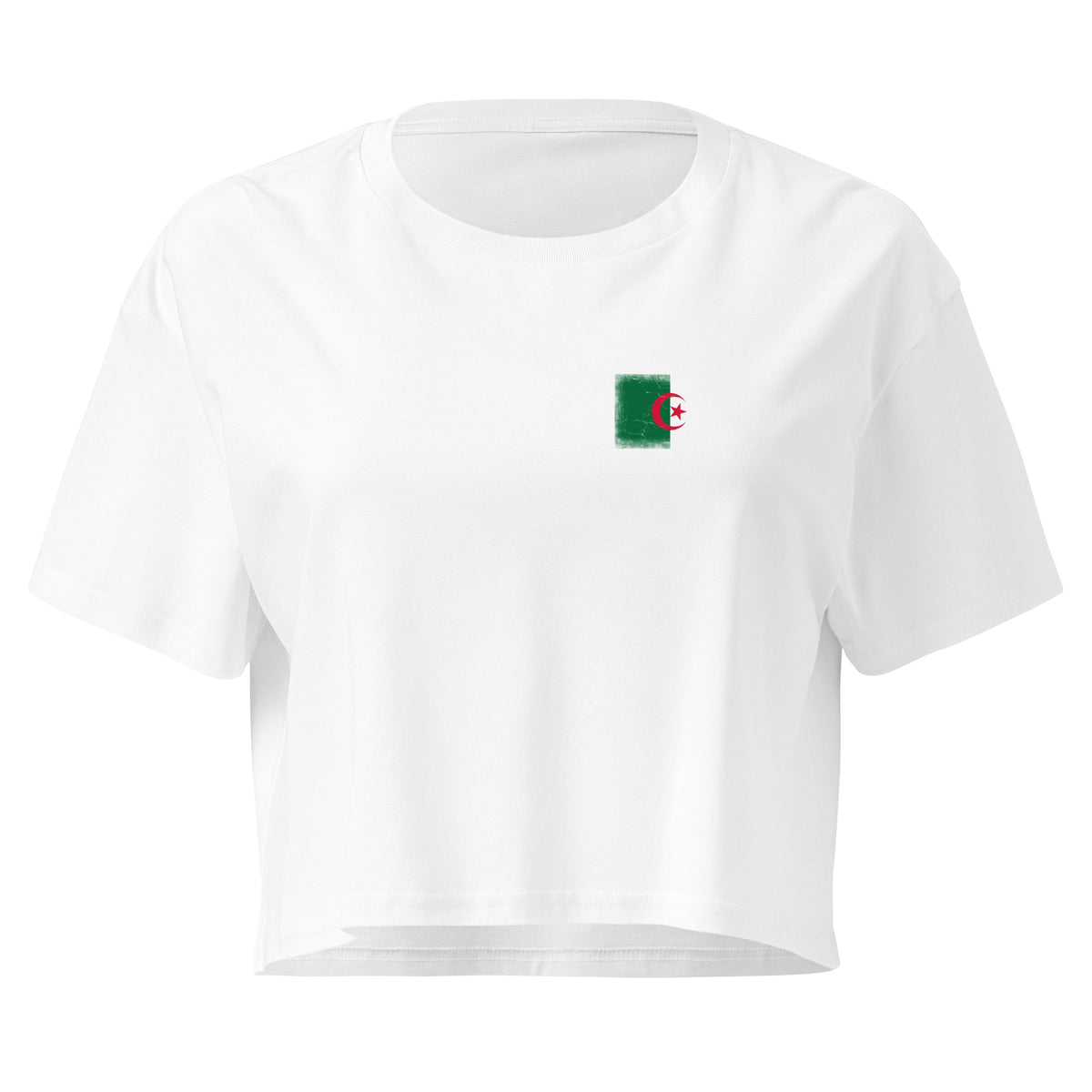Algeria flag crop top in White, vintage-washed print, small flag on the left chest, women cut, front view