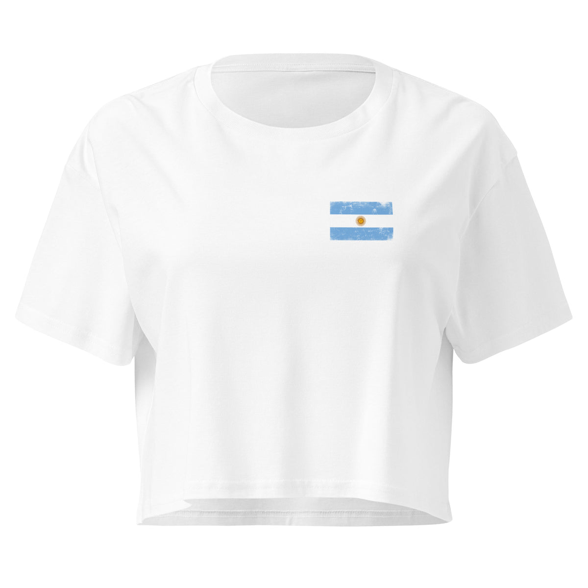 Argentina flag crop top in White, vintage-washed print, small flag on the left chest, women cut, front view