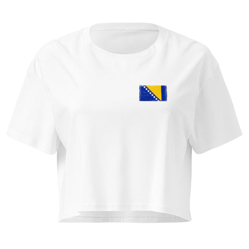 Bosnia and Herzegovina flag crop top in White, vintage-washed print, small flag on the left chest, women cut, front view