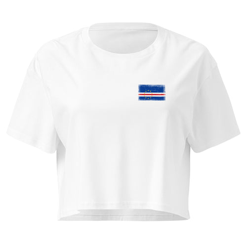 Cape Verde flag crop top in White, vintage-washed print, small flag on the left chest, women cut, front view