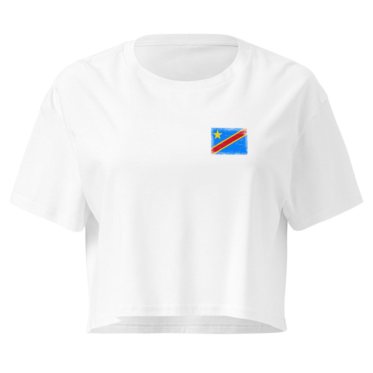Congo flag crop top in White, vintage-washed print, small flag on the left chest, women cut, front view
