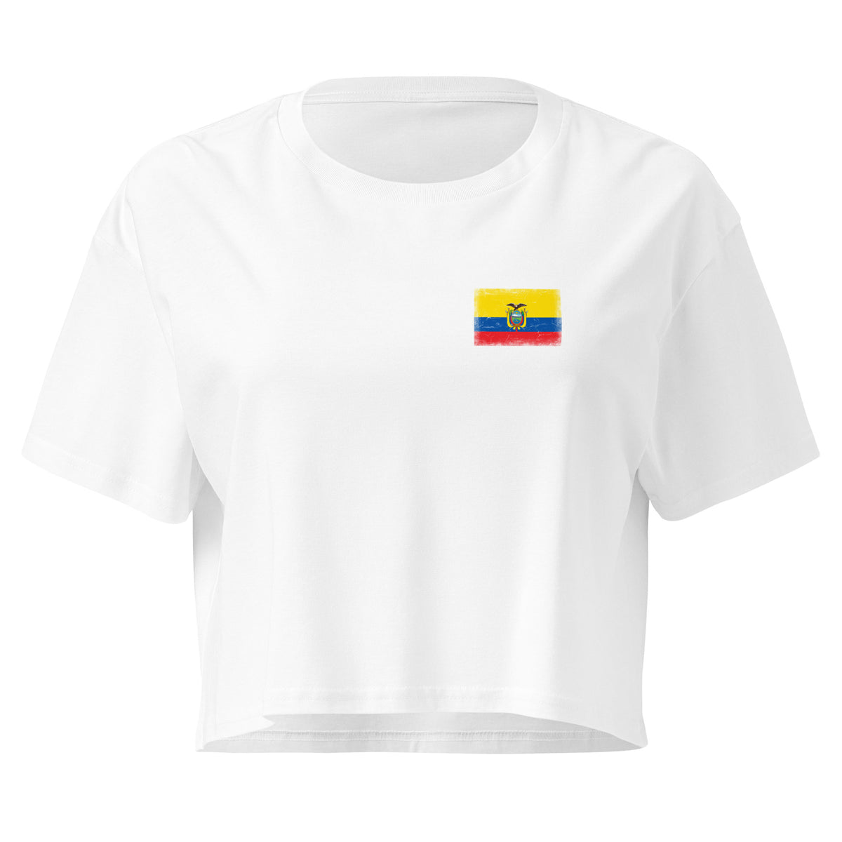 Ecuador flag crop top in White, vintage-washed print, small flag on the left chest, women cut, front view
