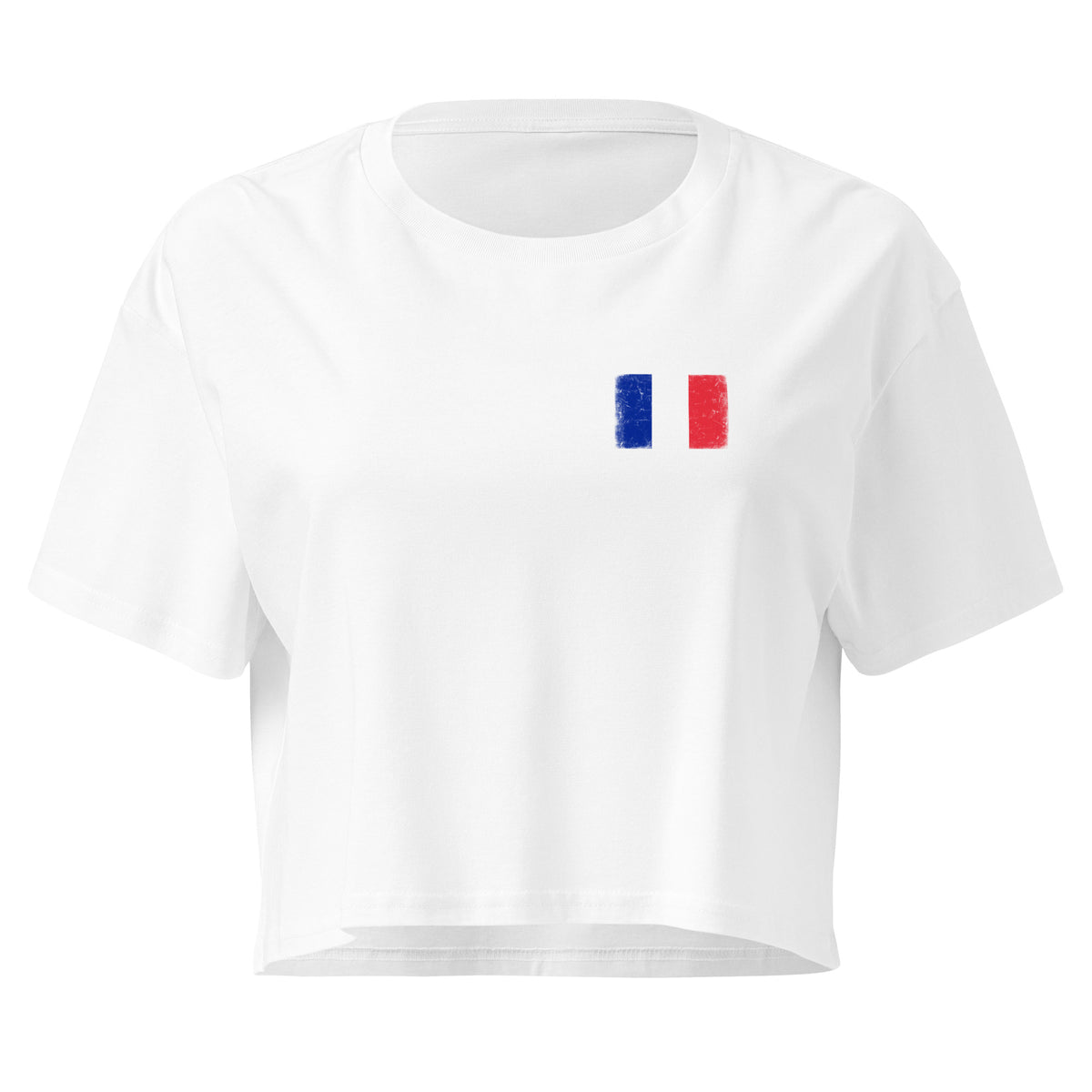 France flag crop top in White, vintage-washed print, small flag on the left chest, women cut, front view