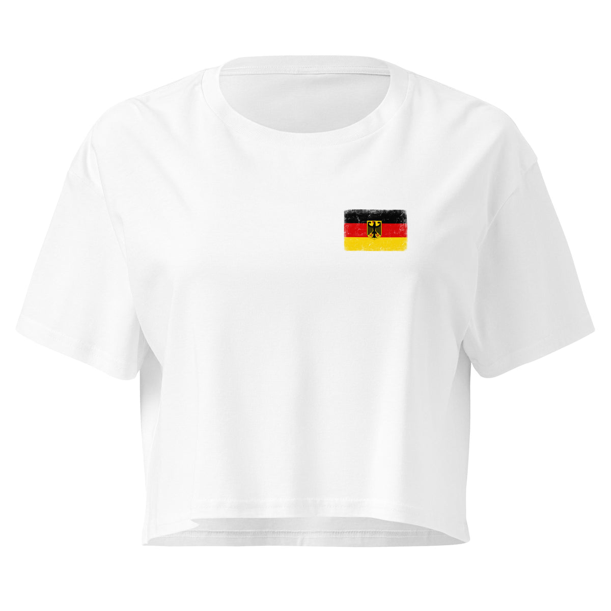 Germany flag crop top in White, vintage-washed print, small flag on the left chest, women cut, front view